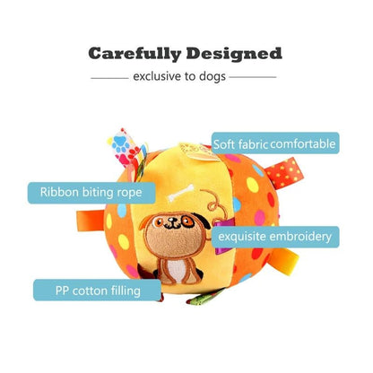 Ballon pour chien avec tissu doux, rubans à mordiller, rembourrage en coton PP et broderie chiot. Disponible chez Museau Dort.