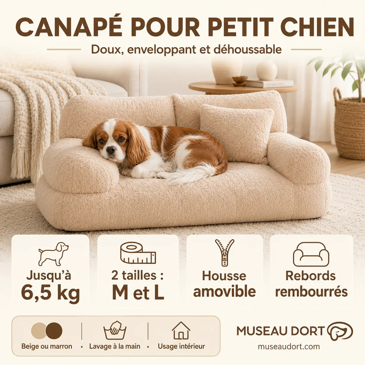 Infographie du canapé beige pour petit chien avec tailles, housse amovible et rebords rembourrés