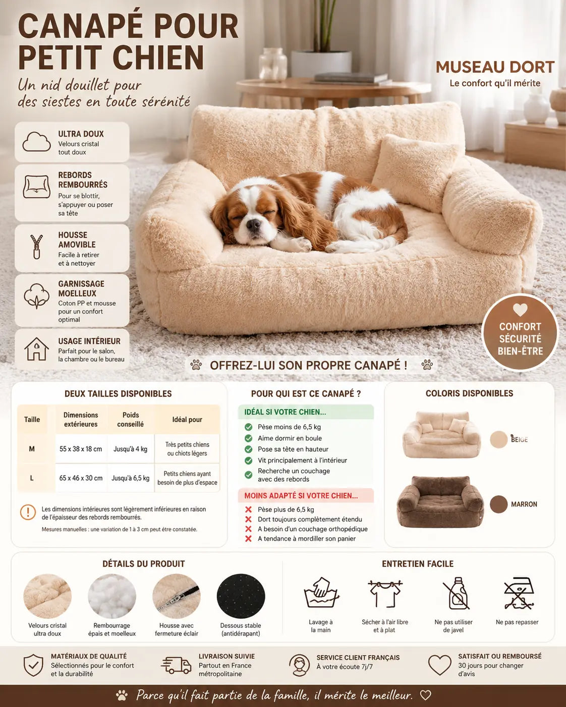 Infographie du canapé beige pour petit chien avec tailles, matières, coloris et conseils d’entretien