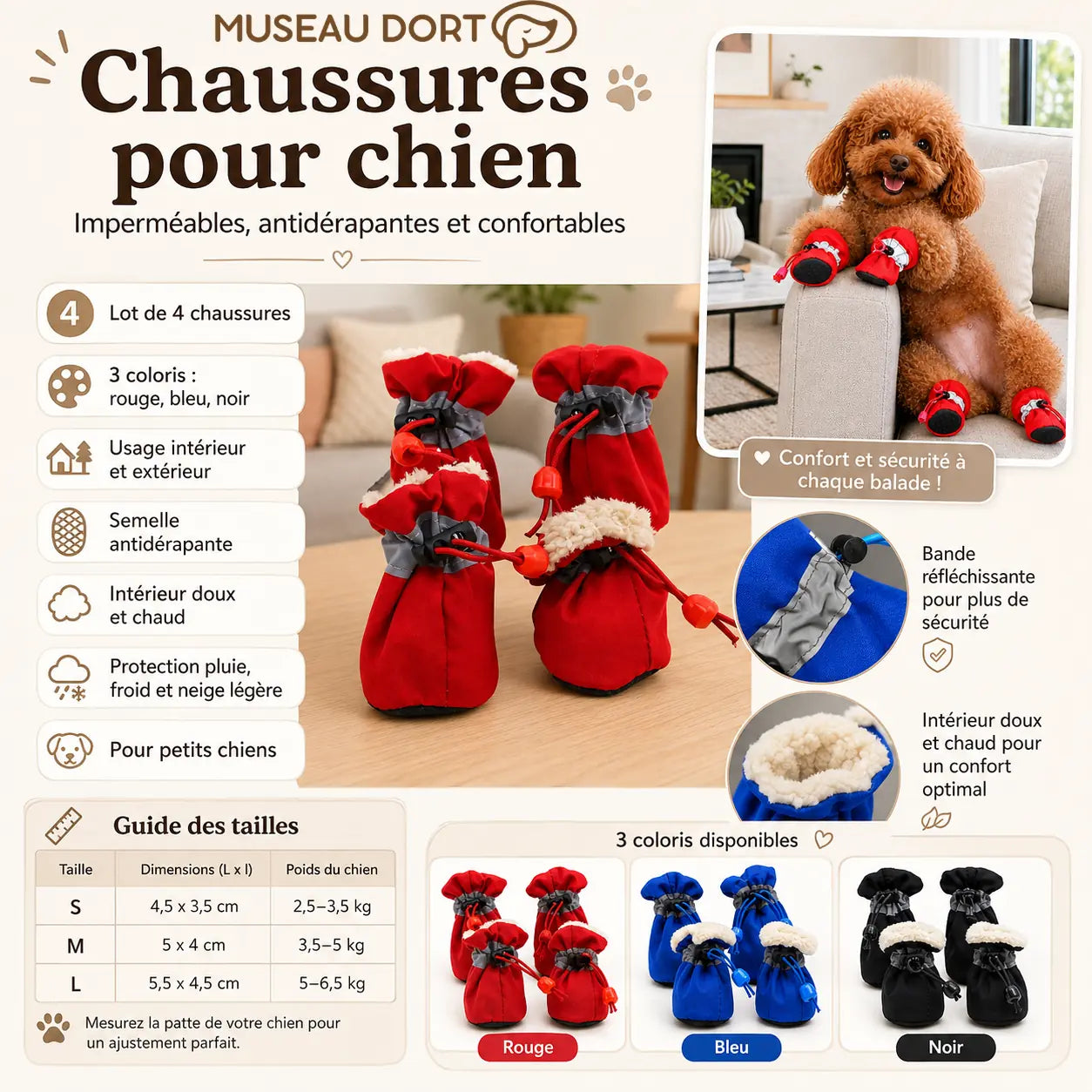 Infographie chaussures pour chien imperméables avec tailles, coloris et détails de confort
