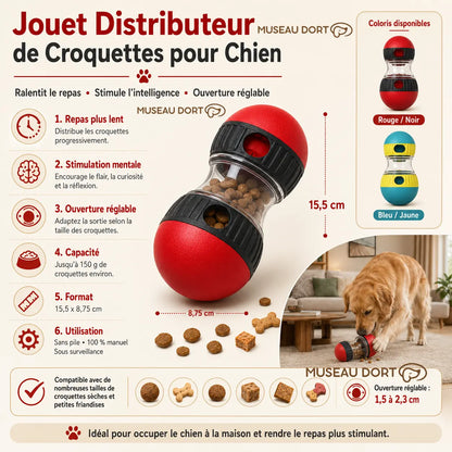 Infographie du jouet distributeur de croquettes pour chien avec dimensions, coloris et ouverture réglable