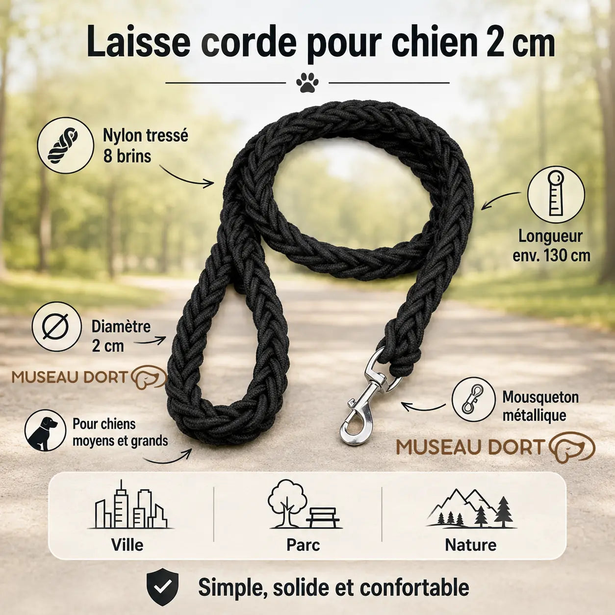 Infographie laisse corde pour chien 2 cm en nylon tressé avec longueur, diamètre et mousqueton