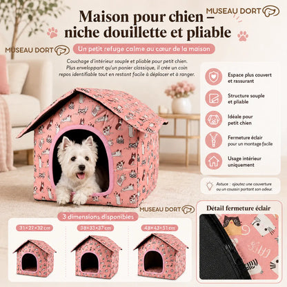 Infographie de la maison pour chien rose pliable, avec Westie, trois tailles et détail de la fermeture éclair.