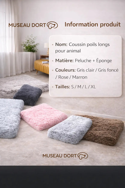 Information produit du coussin poils longs pour animal, coloris et tailles disponibles chez Museau Dort