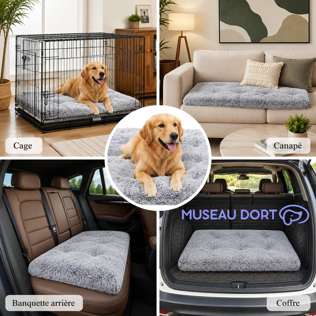 Lit orthopédique pour chien senior utilisé en cage, canapé, banquette arrière et coffre de voiture