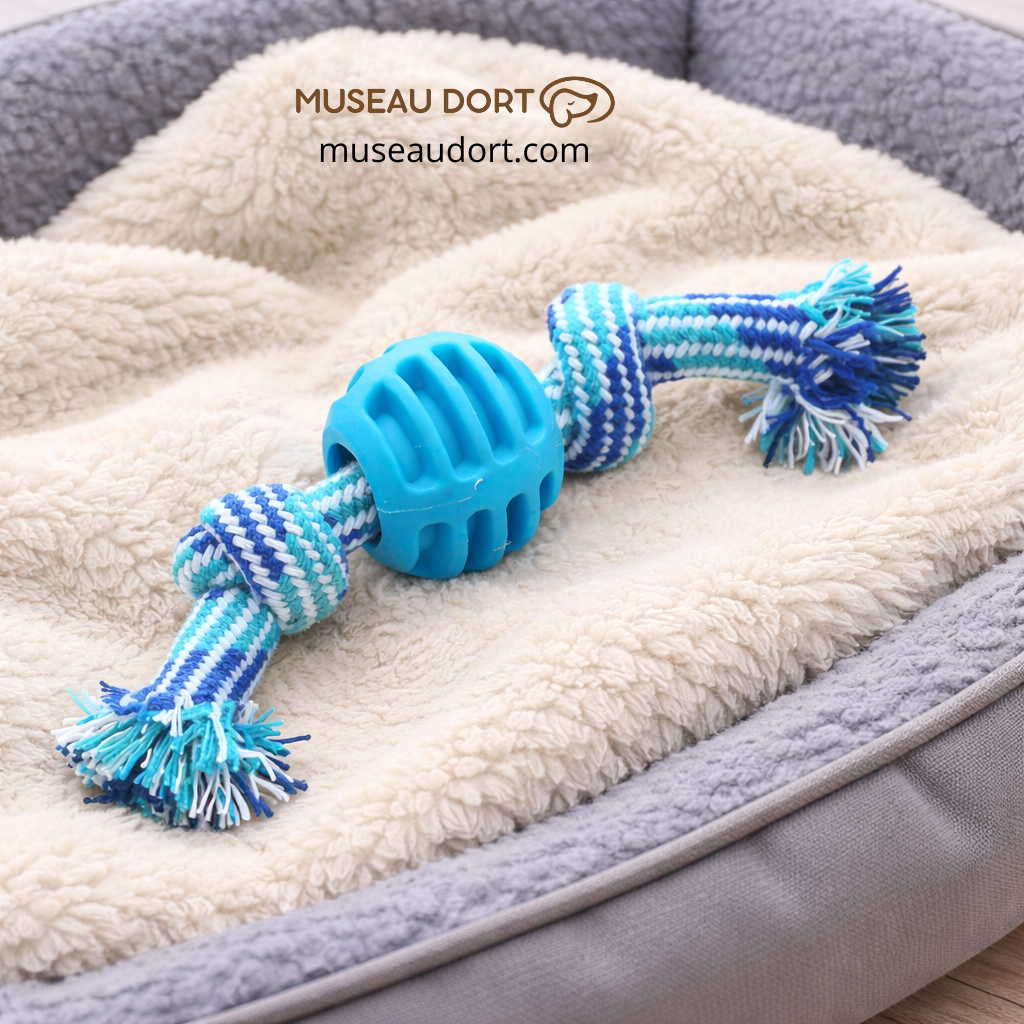 Jouet pour chien destructeur avec corde bleu et balle en caoutchouc, sur un lit confortable, disponible chez Museau Dort.