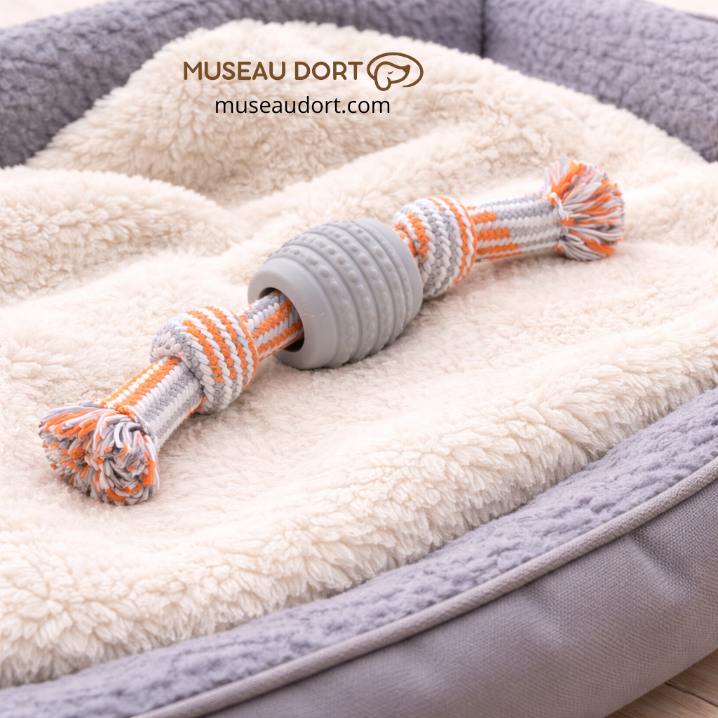 Jouet pour chien destructeur avec corde gris et balle en caoutchouc, sur un lit confortable, disponible chez Museau Dort.