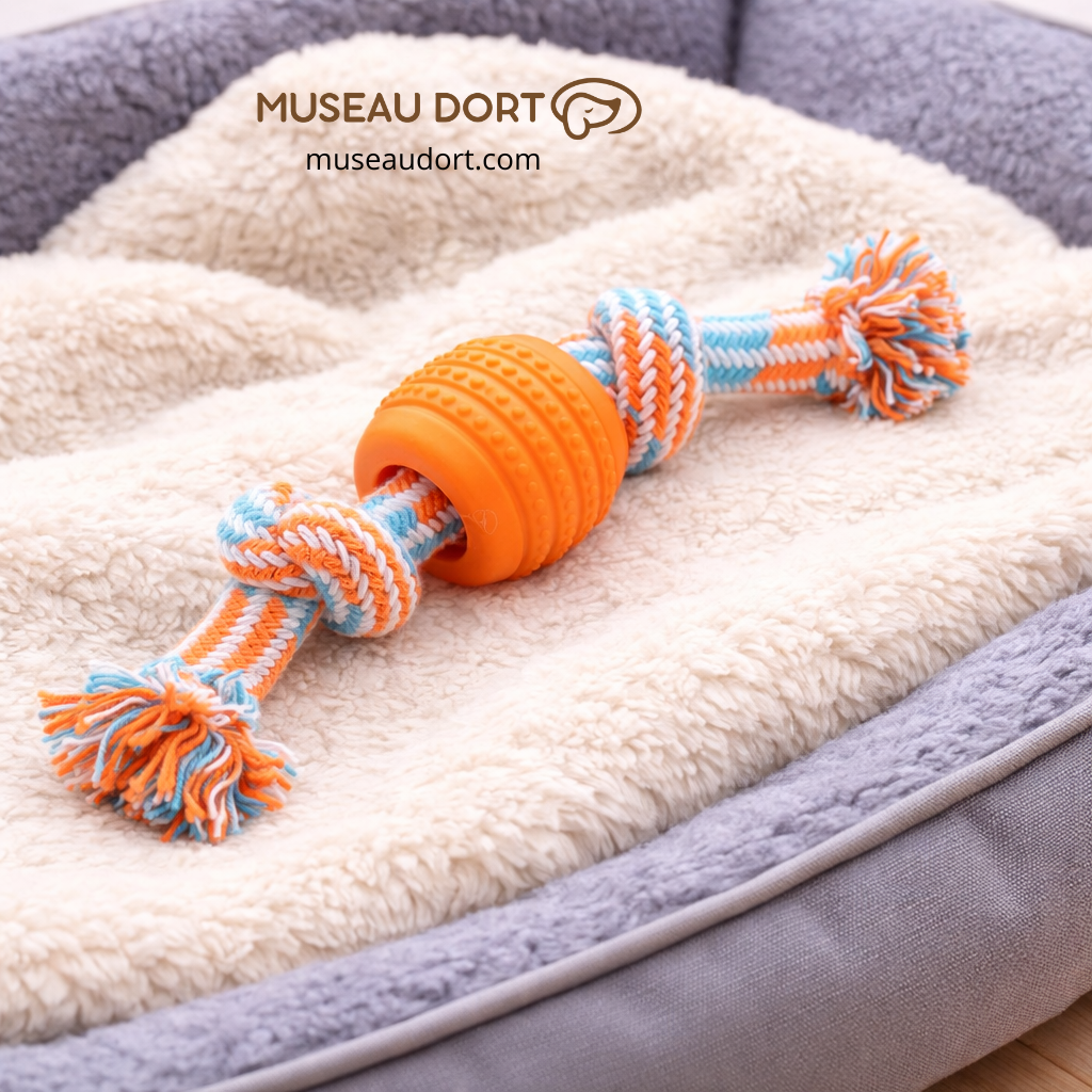 Jouet pour chien destructeur avec corde orange et balle en caoutchouc, sur un lit confortable, disponible chez Museau Dort.