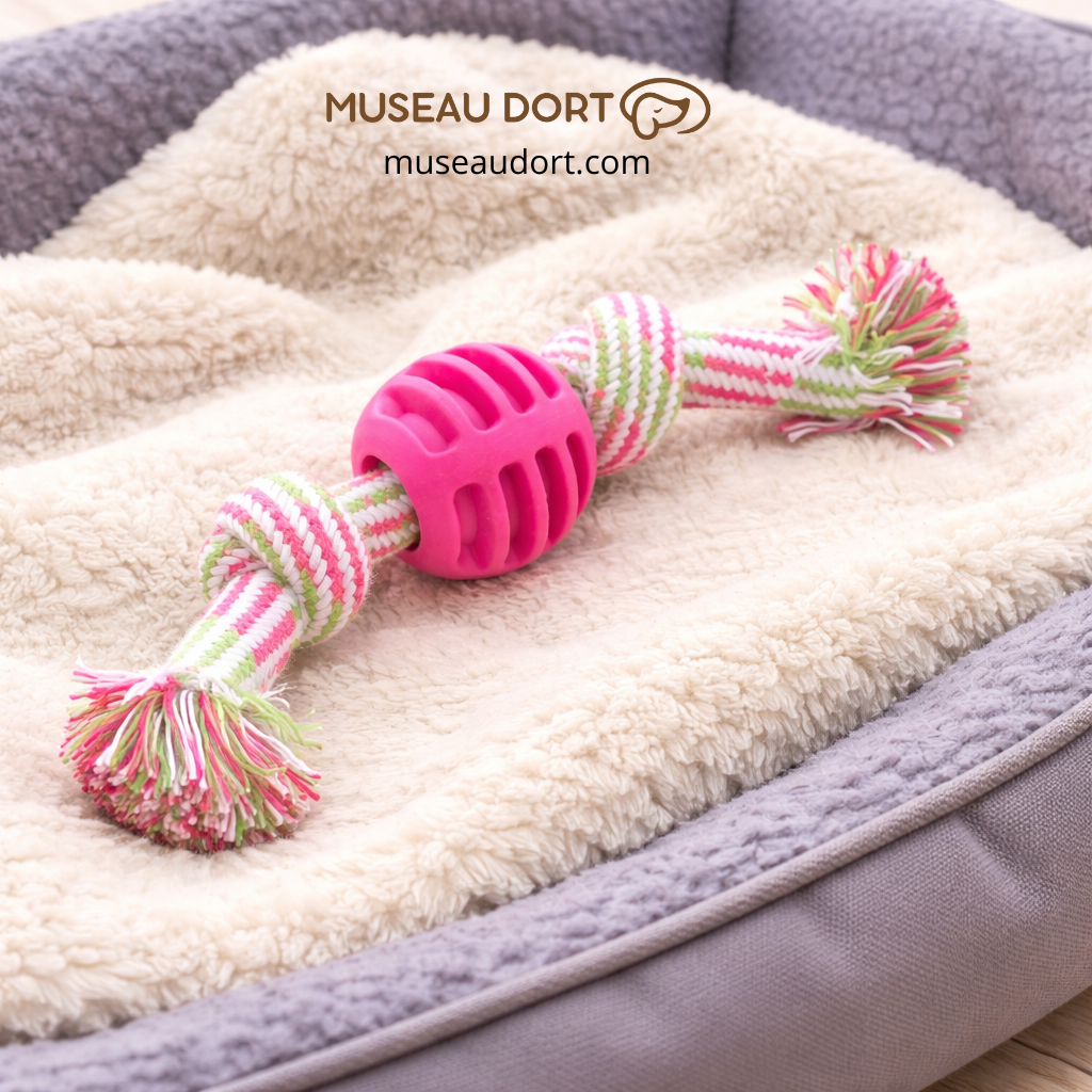 Jouet pour chien destructeur avec corde rose et balle en caoutchouc, sur un lit confortable, disponible chez Museau Dort.