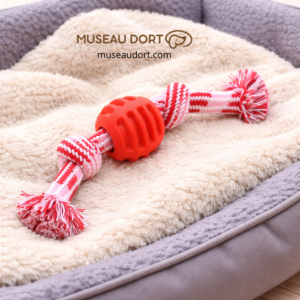 Jouet pour chien destructeur avec corde rouge et balle en caoutchouc, sur un lit confortable, disponible chez Museau Dort.