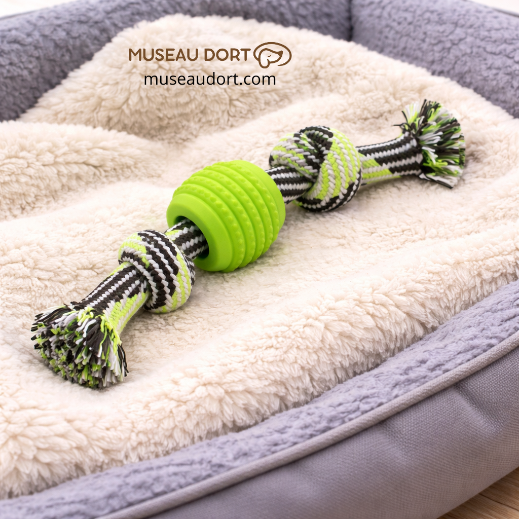 Jouet pour chien destructeur avec corde verte et balle en caoutchouc, sur un lit confortable, disponible chez Museau Dort.