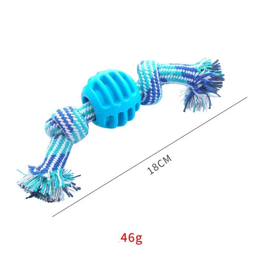 Jouet corde bleu pour chien avec balle centrale en caoutchouc TPR, 18 cm – idéal pour mâcher et nettoyer les dents. Disponible chez Museau Dort.