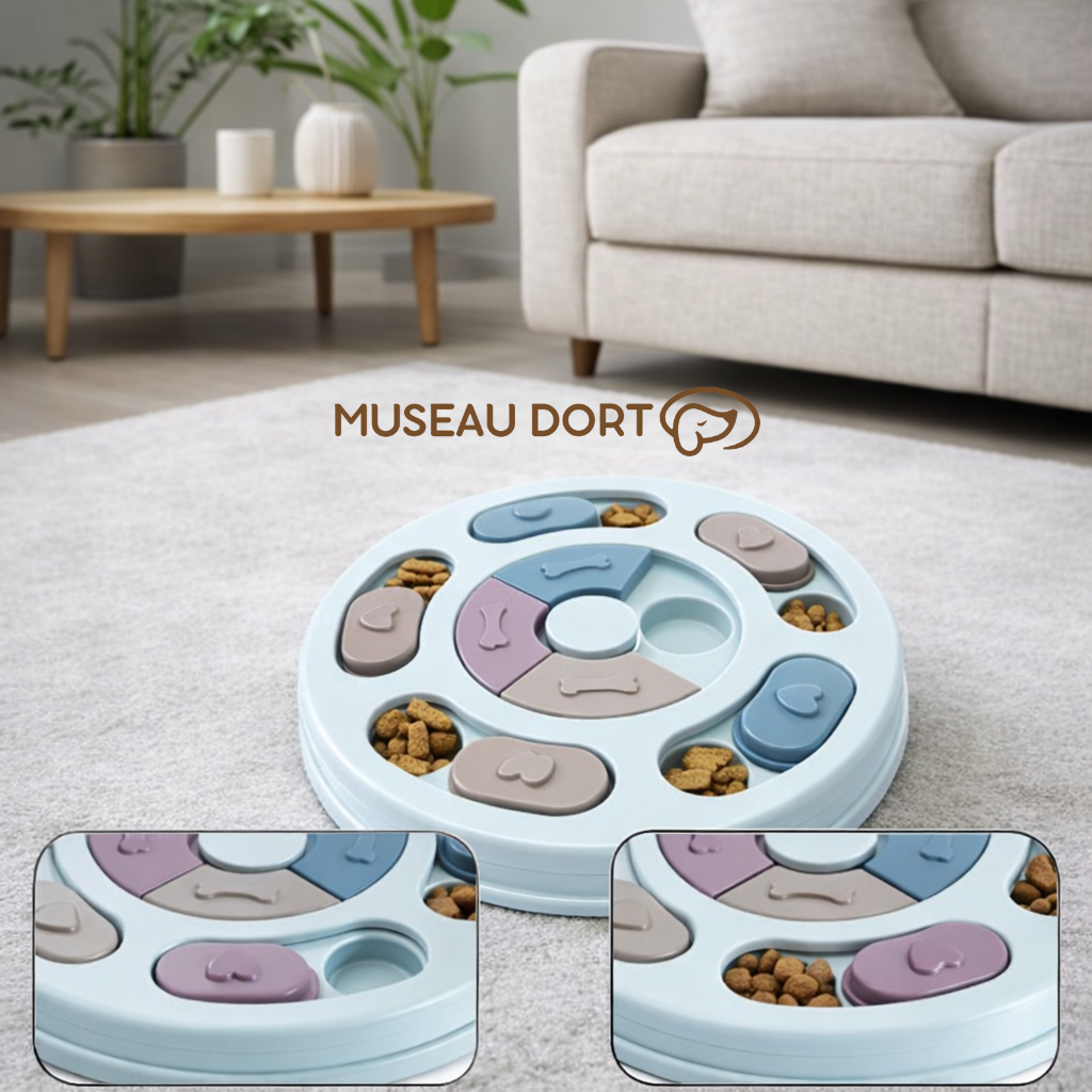 Jouet distributeur de croquettes pour chien bleu clair avec détails des compartiments dans un salon moderne