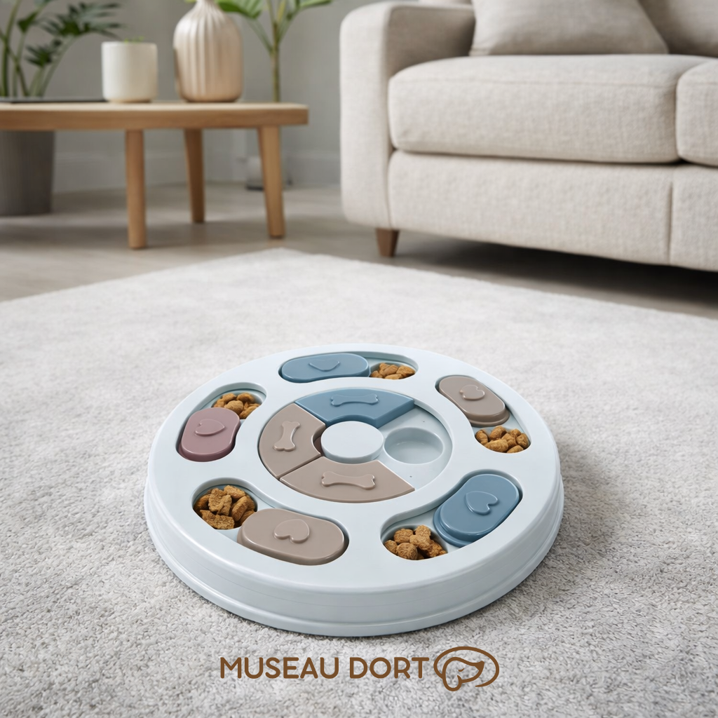 Jouet distributeur de croquettes pour chien bleu clair dans un salon moderne, stimule l’intelligence et ralentit les repas.