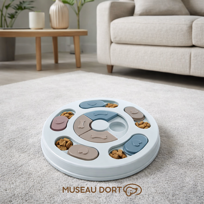 Jouet distributeur de croquettes pour chien bleu clair dans un salon moderne, stimule l’intelligence et ralentit les repas.