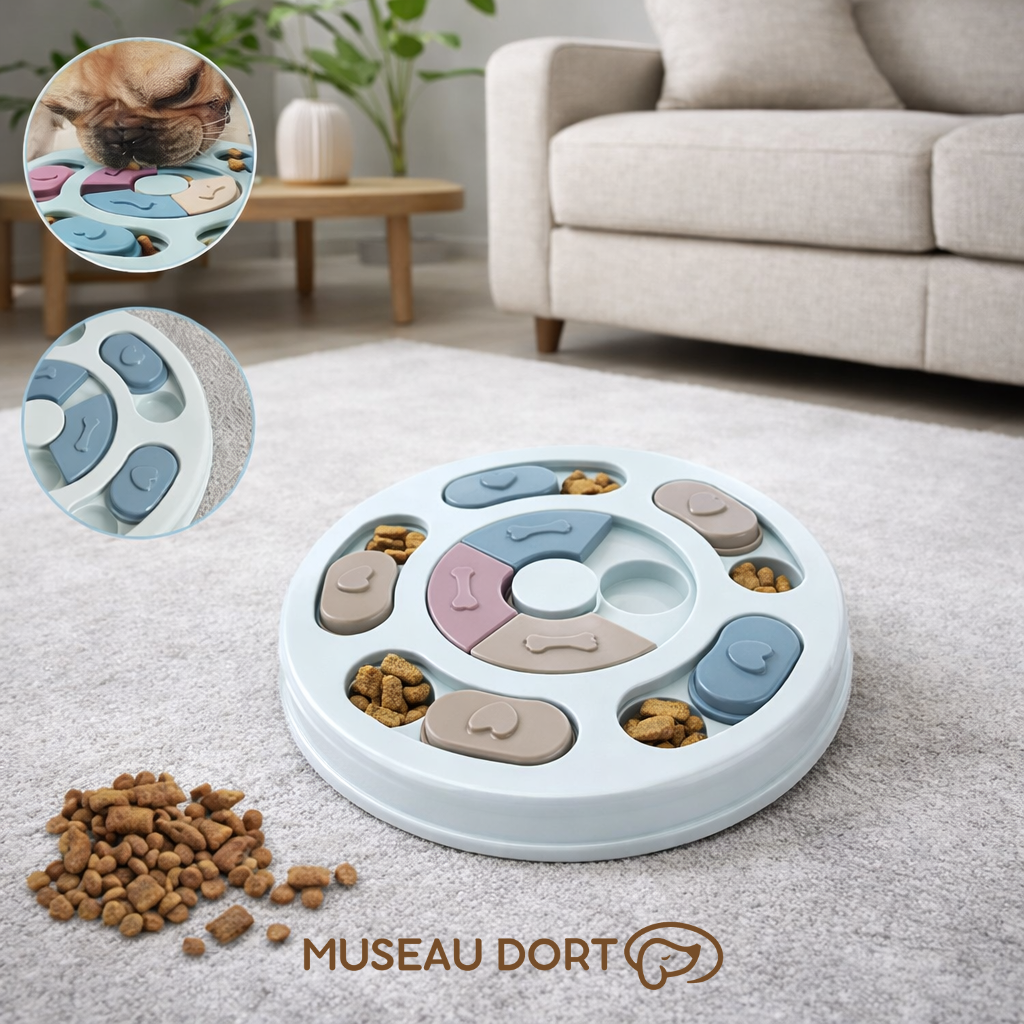 Jouet distributeur de croquettes pour chien bleu clair avec zones de jeu et utilisation réelle dans un salon moderne