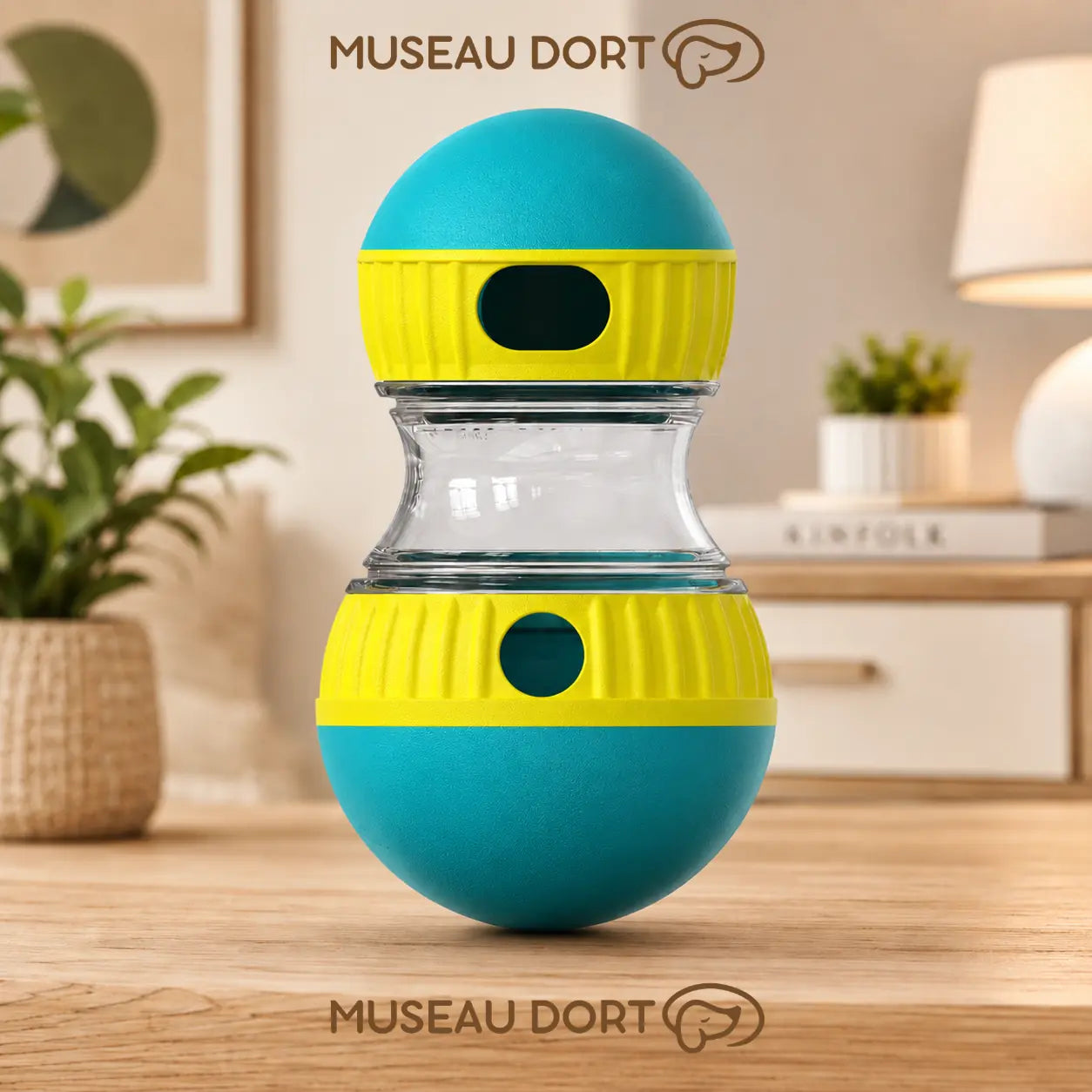 Jouet distributeur de croquettes bleu et jaune pour chien avec ouverture réglable dans un salon moderne