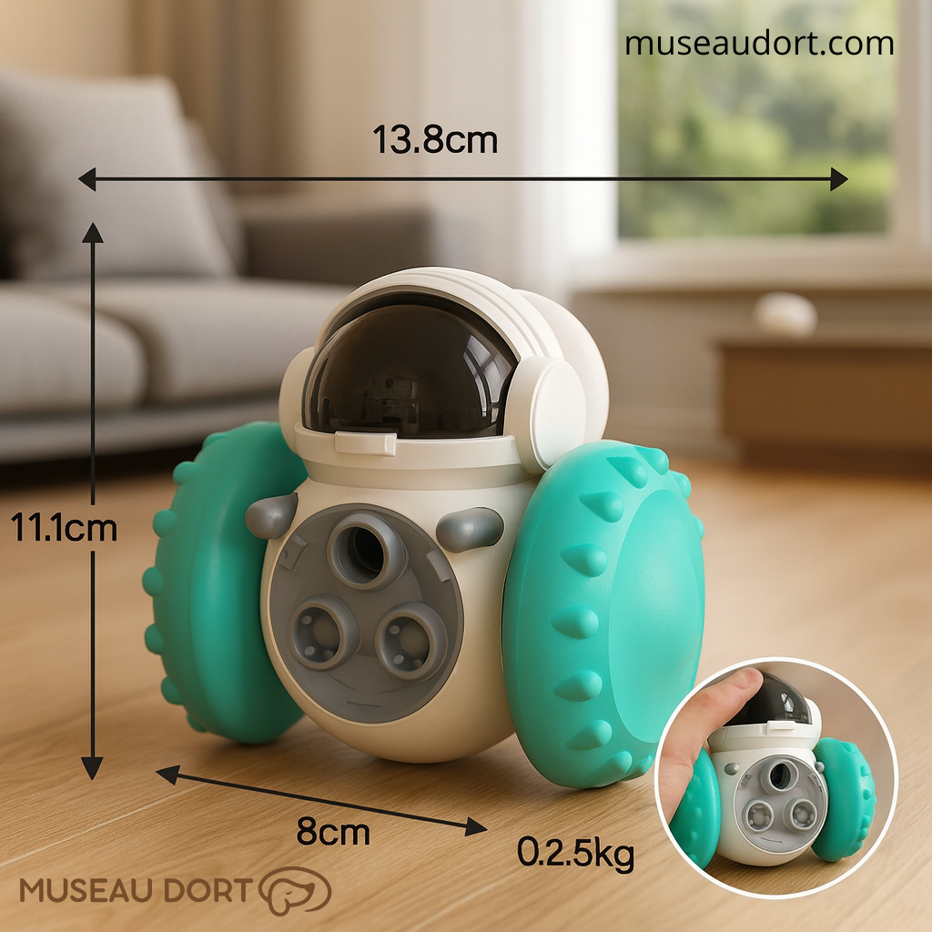 Jouet distributeur de croquettes turquoise avec mesures en centimètres présenté dans un salon moderne | Museau Dort