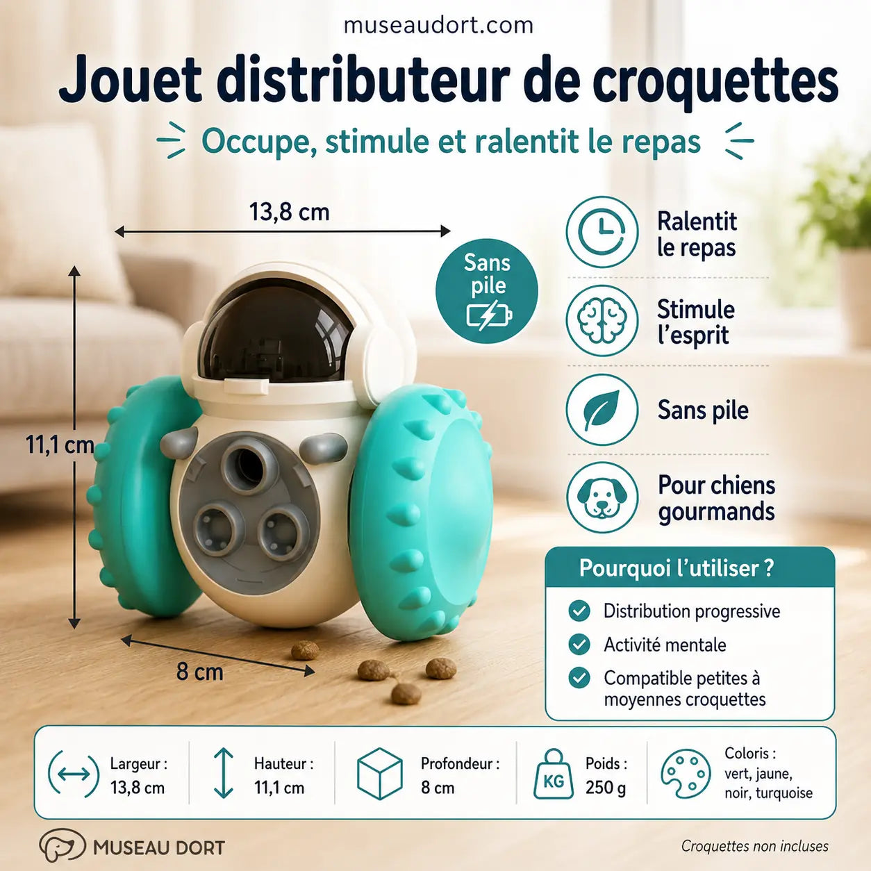 Jouet distributeur de croquettes pour chien avec dimensions et bénéfices