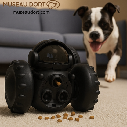 Jouet distributeur de croquettes noir pour chien, utilisé sur un tapis intérieur avec stimulation mentale et jeu