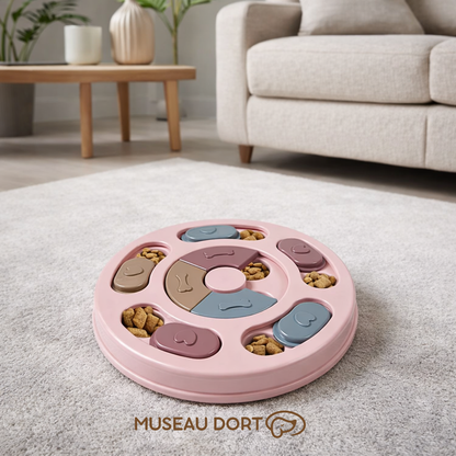 Jouet distributeur de croquettes pour chien rose dans un salon moderne, stimule l’intelligence et ralentit les repas