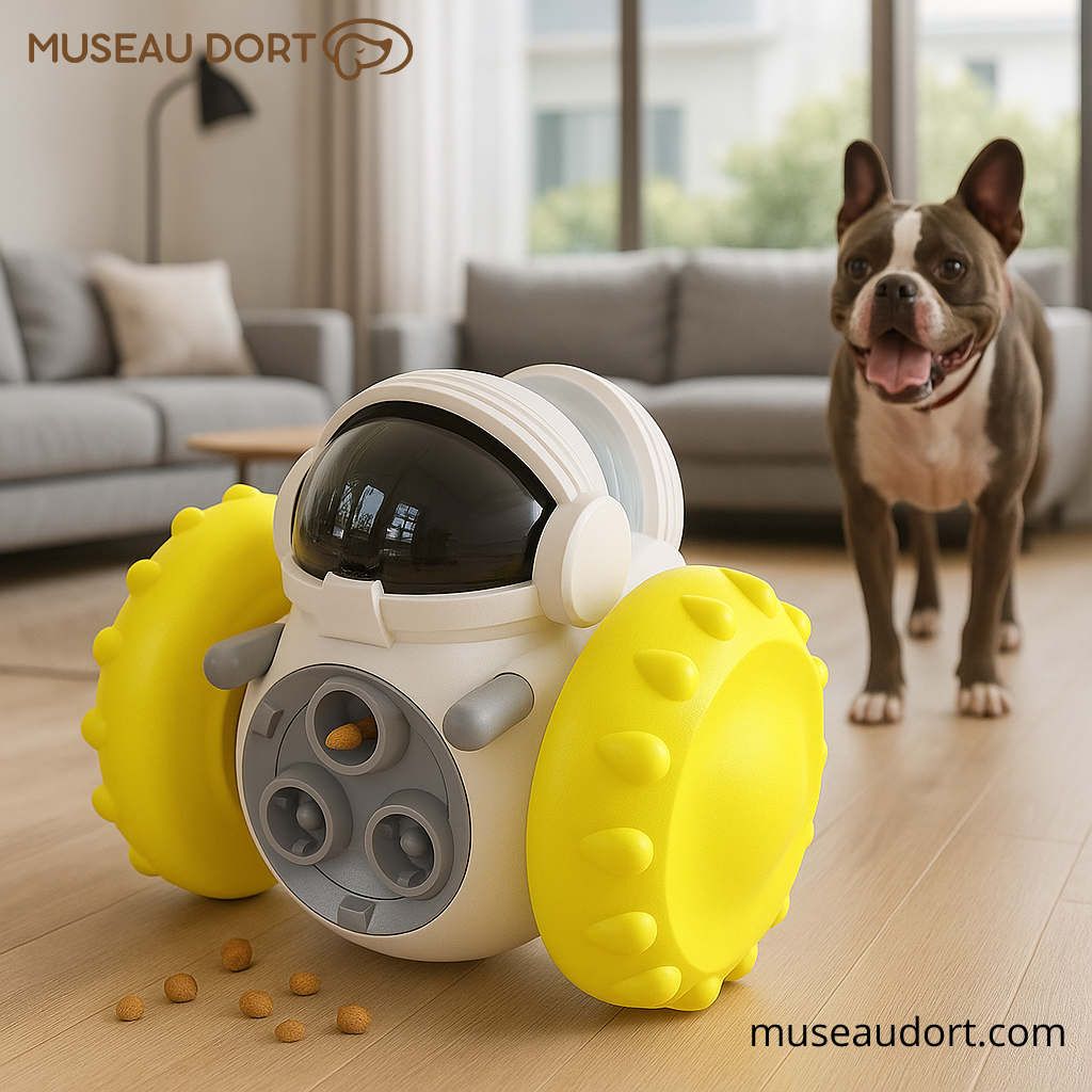 Jouet distributeur de croquettes pour chien posé au sol dans un salon moderne, avec un chien curieux à l’arrière-plan