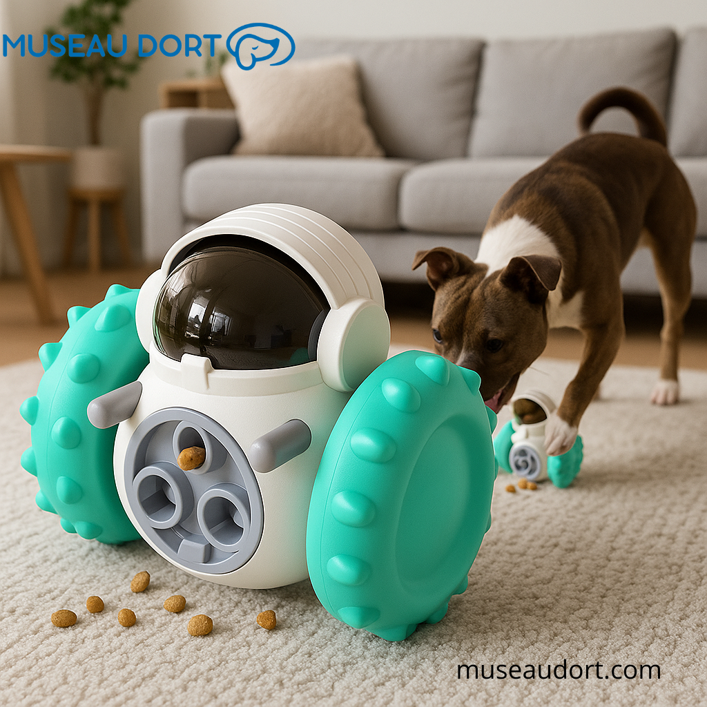 Jouet distributeur de croquettes turquoise pour chien dans un salon moderne, avec un chien qui joue en arrière-plan