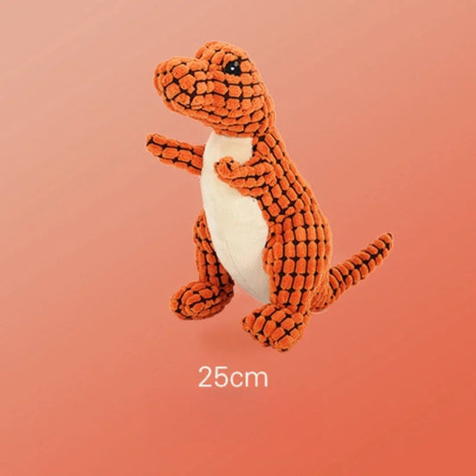  Jouet sonore pour chien en peluche orange, forme dinosaure, 25 cm, résistant et sans pile. Disponible chez Museau Dort.