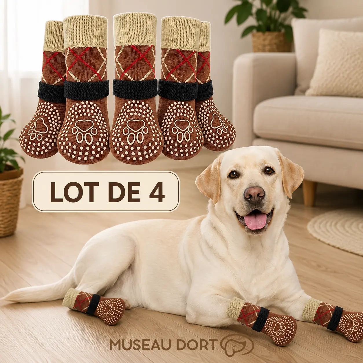 Labrador portant 4 chaussettes antidérapantes marron dans un salon, lot de 4 Museau Dort.