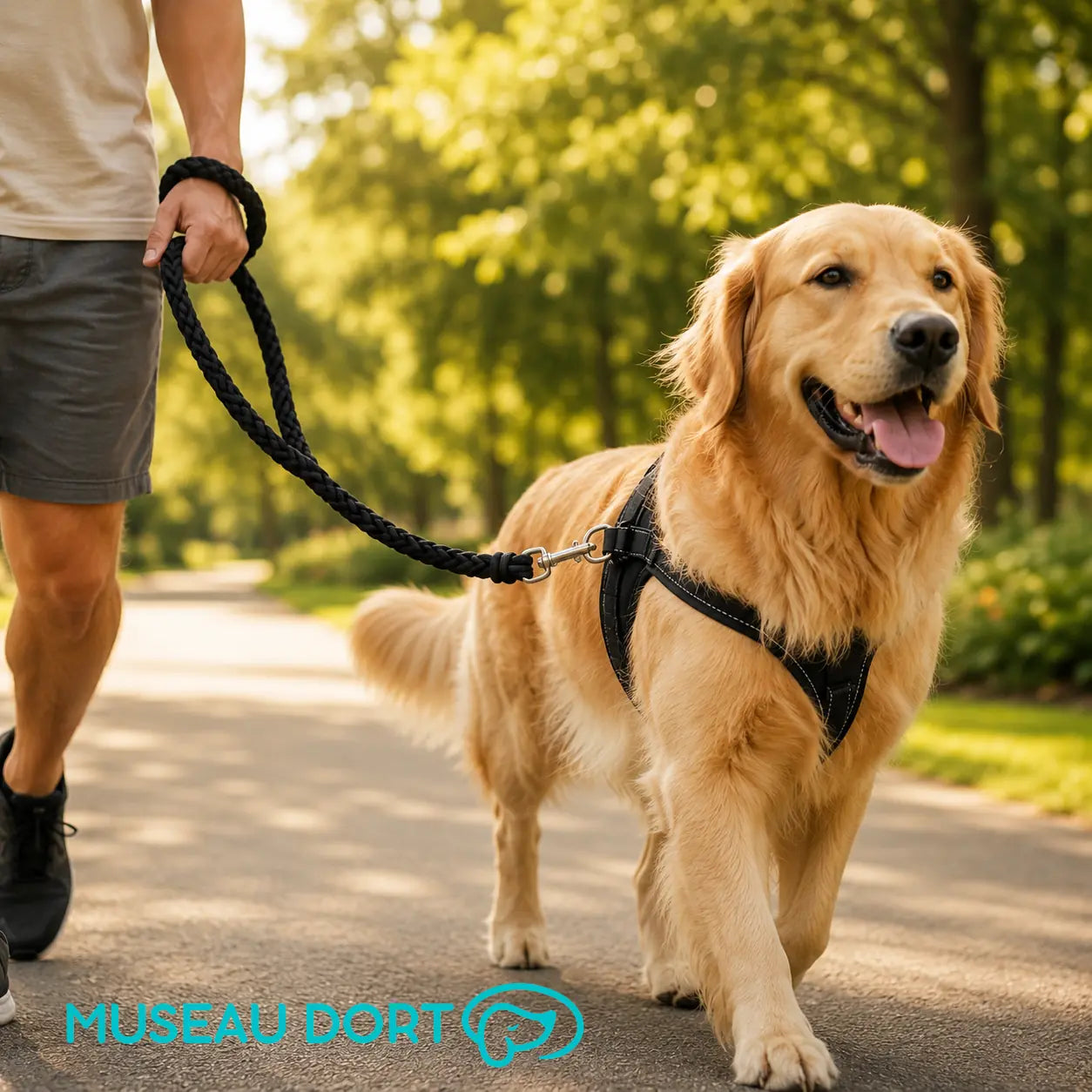 Golden retriever en promenade avec une laisse corde noire en nylon tressé attachée à un harnais