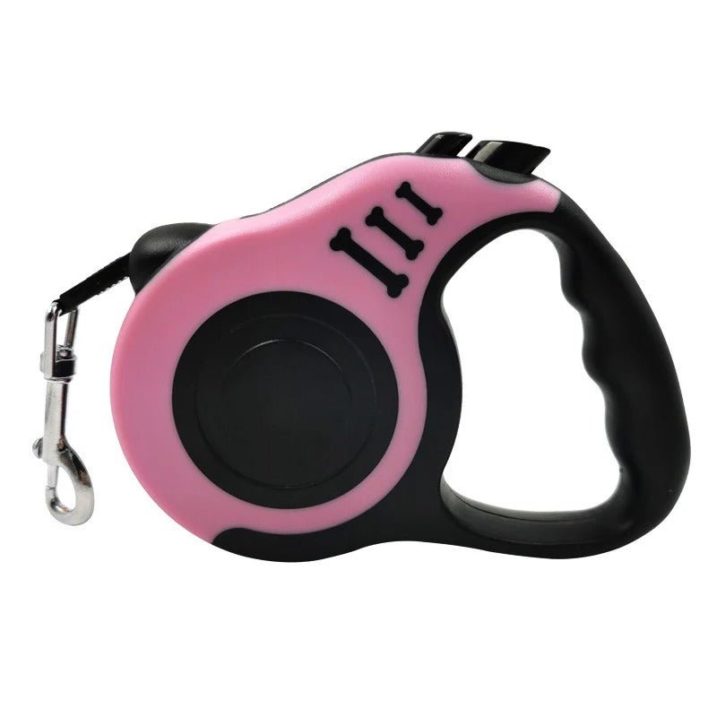 Laisse rétractable rose pour chien, design robuste avec poignée ergonomique antidérapante pour un confort optimal.