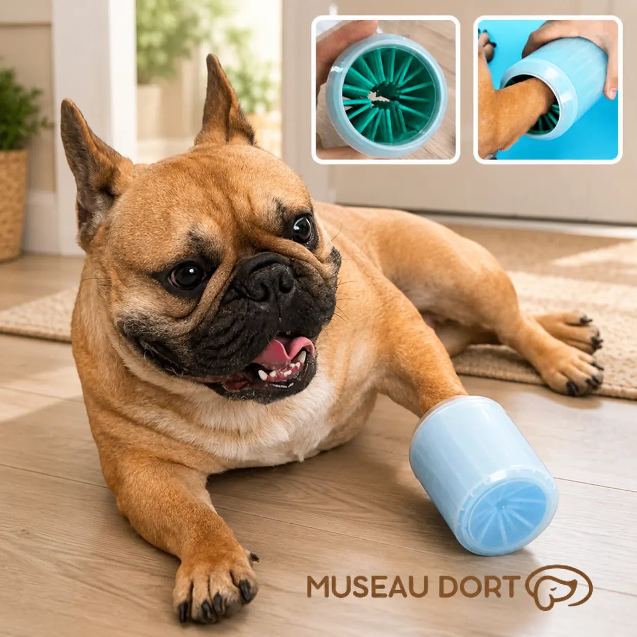 Bouledogue français couché près d’un lave-pattes bleu avec inserts montrant la brosse souple en silicone