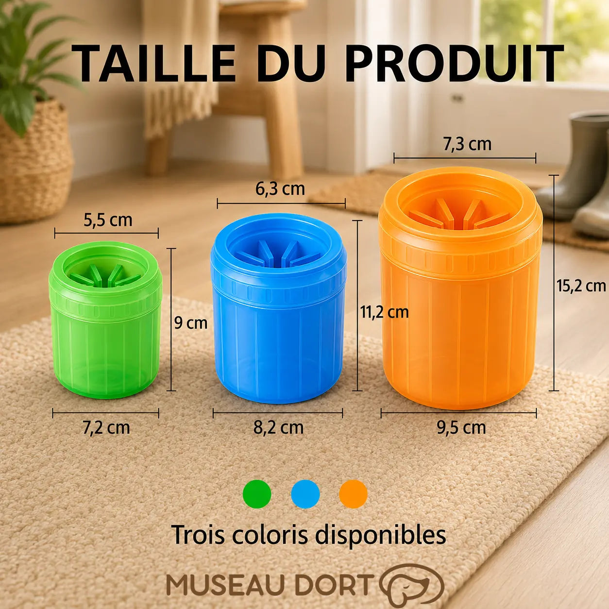 Trois tailles de lave-pattes pour chien en vert, bleu et orange avec dimensions et ouvertures indiquées