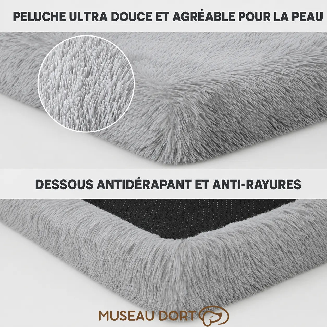Lit pour chien senior avec peluche douce, dessous antidérapant et logo Museau Dort