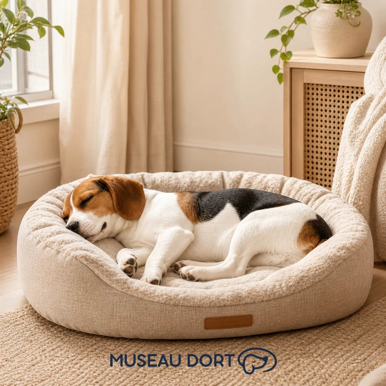 Chien dormant dans un lit douillet pour chien, confort naturel à la maison en France – Museau Dort