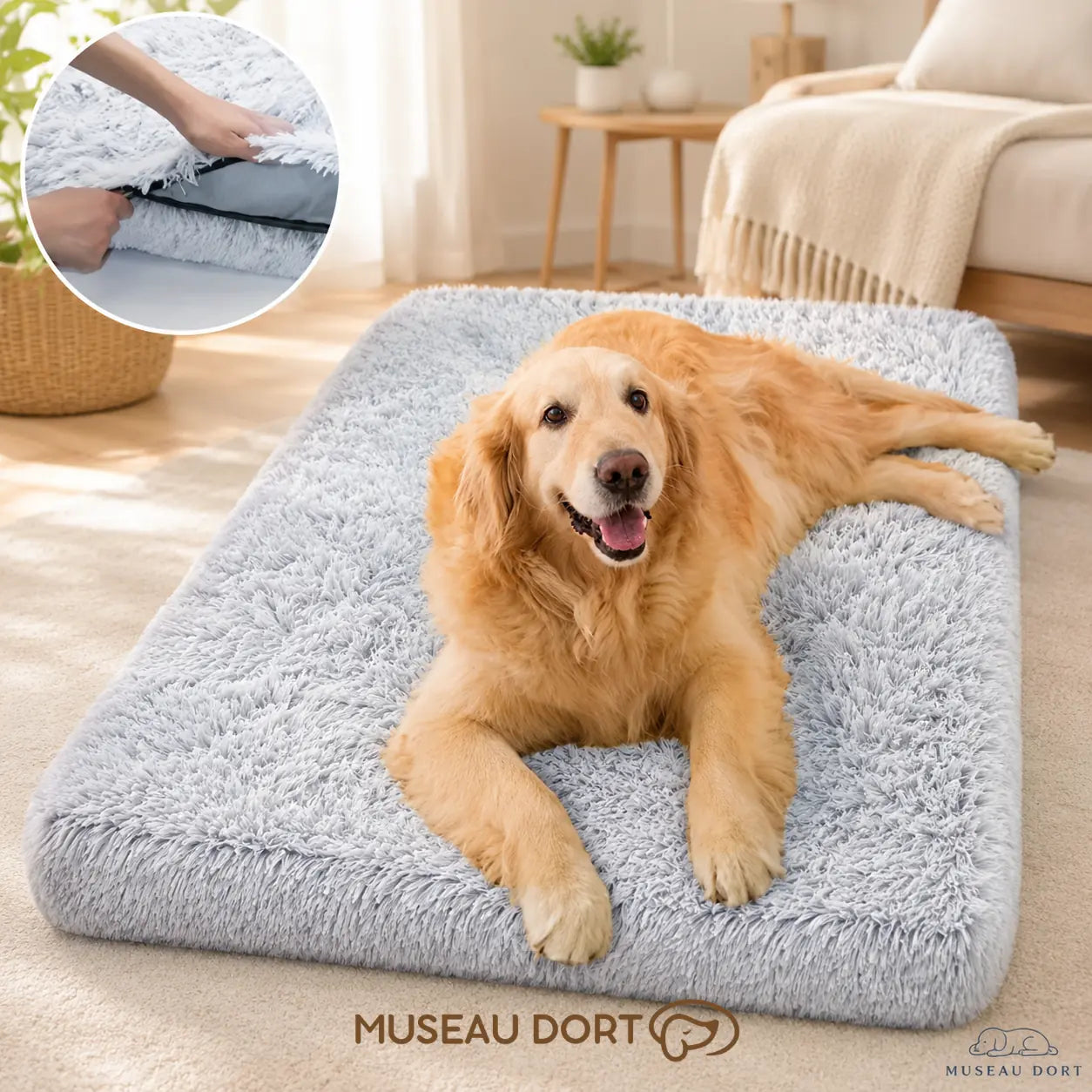 Golden retriever couché sur un lit orthopédique gris lavable avec housse amovible Museau Dort