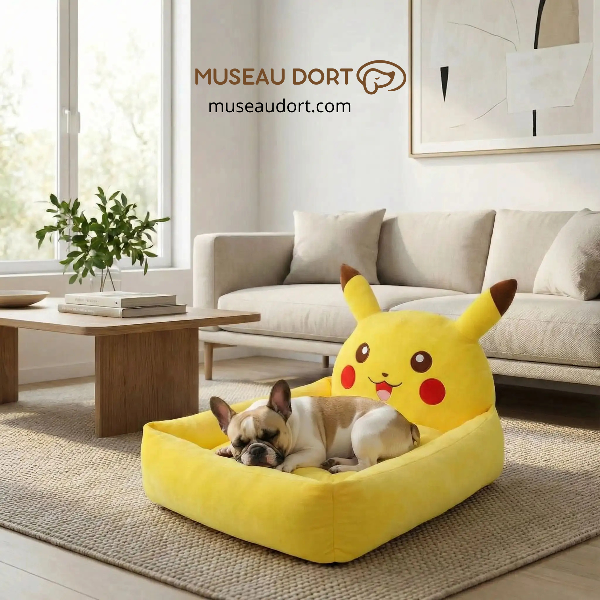 Lit pour chien moelleux jaune avec chien endormi, installé dans un salon moderne, couchage lavable, Museau Dort