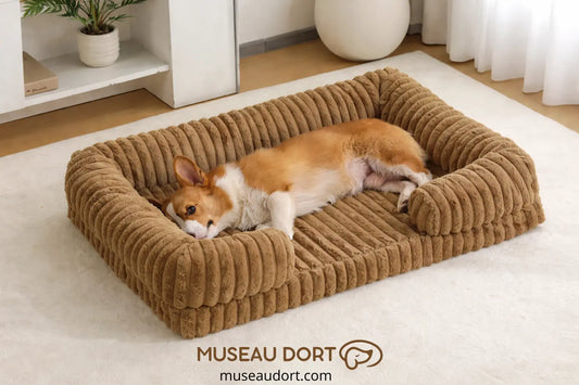 Lit pour chien orthopédique brun clair avec corgi allongé dans un salon, disponible chez Museau Dort
115 caractères