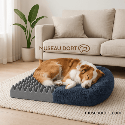 Lit pour chien orthopédique avec mousse mémoire et rebord moelleux, chien endormi confortablement dans salon Museau Dort