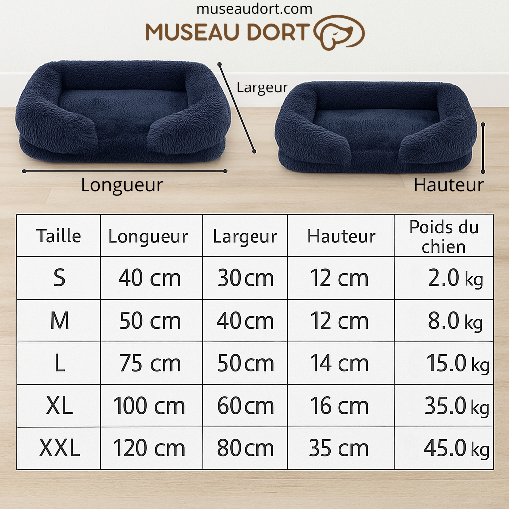 Guide des tailles lit pour chien orthopédique avec dimensions longueur largeur hauteur et poids conseillé Museau Dort