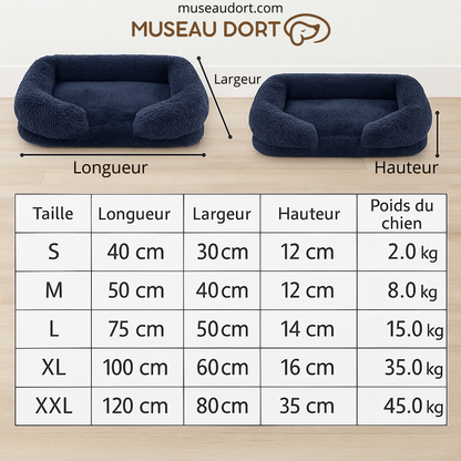 Guide des tailles lit pour chien orthopédique avec dimensions longueur largeur hauteur et poids conseillé Museau Dort