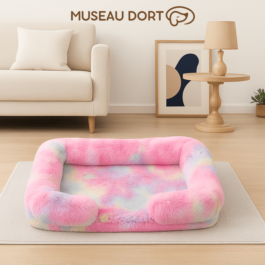 Lit pour chien confortable et orthopédique rose psychédélique dans salon moderne couchage doux et stable MuseauDort