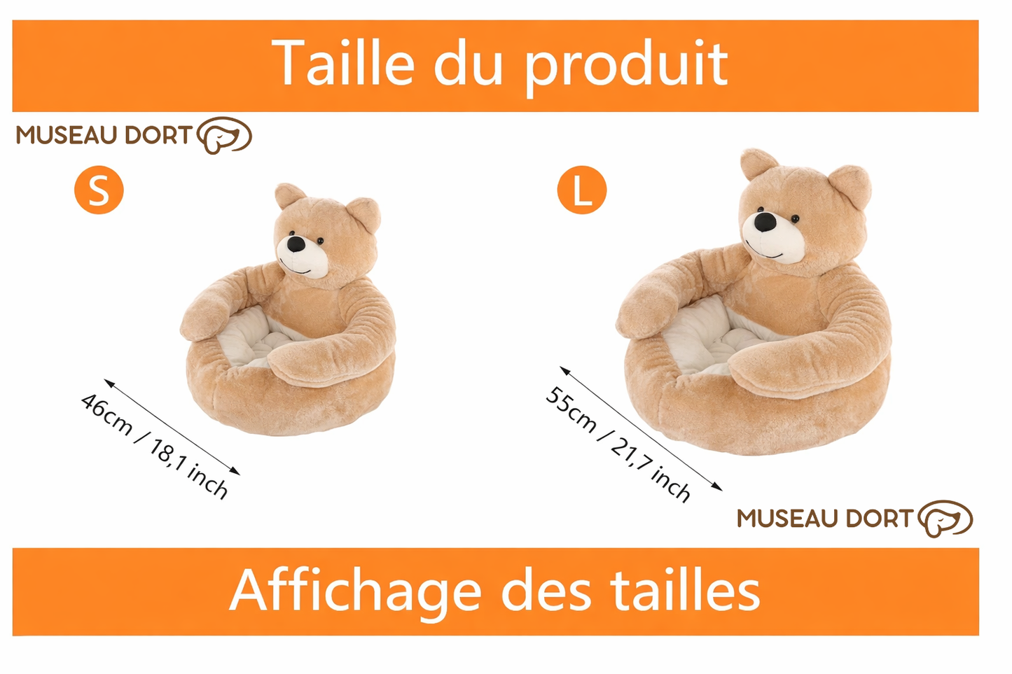 Guide des tailles du lit pour chien en forme d’ours, dimensions S 46 cm et L 55 cm pour choisir un couchage adapté, Museau Dort