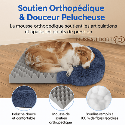 Lit pour chien orthopédique avec mousse mémoire et peluche douce, soutien des articulations et confort durable Museau Dort