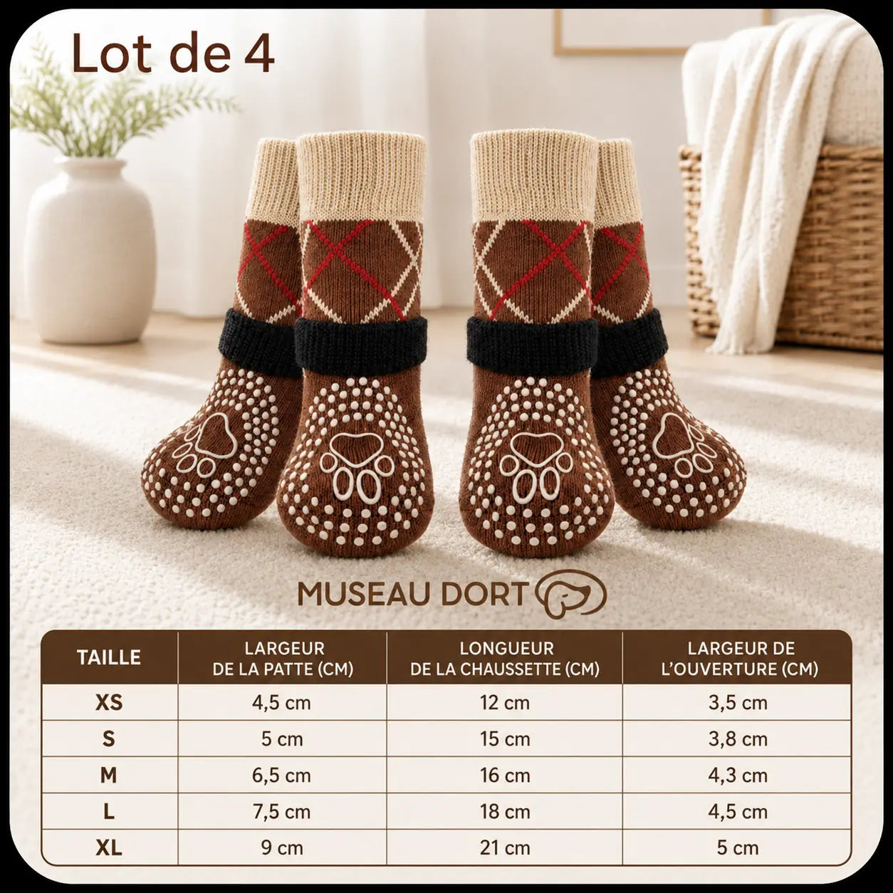 Lot de 4 chaussettes antidérapantes marron pour chien avec tableau des tailles XS à XL