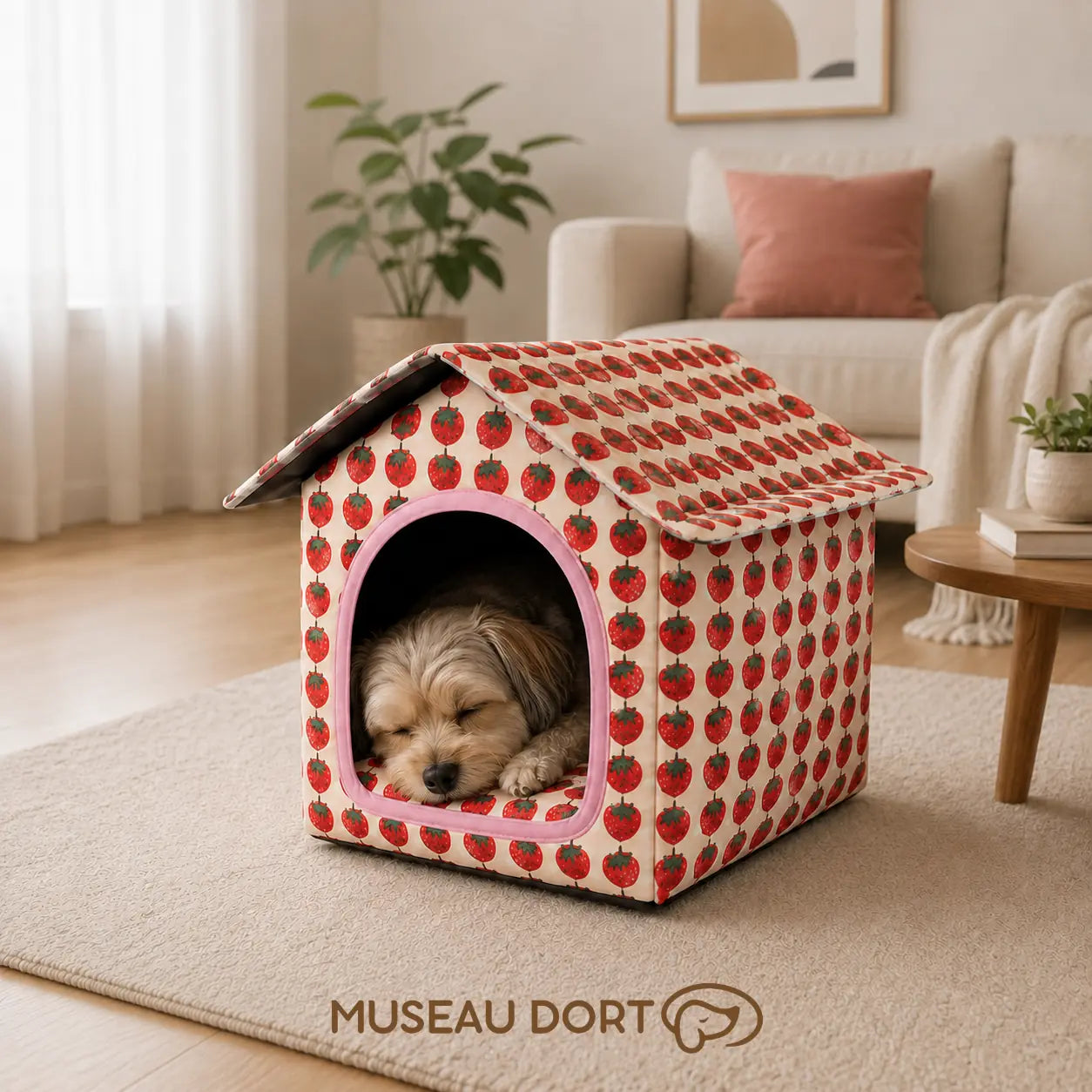 Petit chien endormi dans une maison pour chien à motif fraise installée dans un salon moderne.