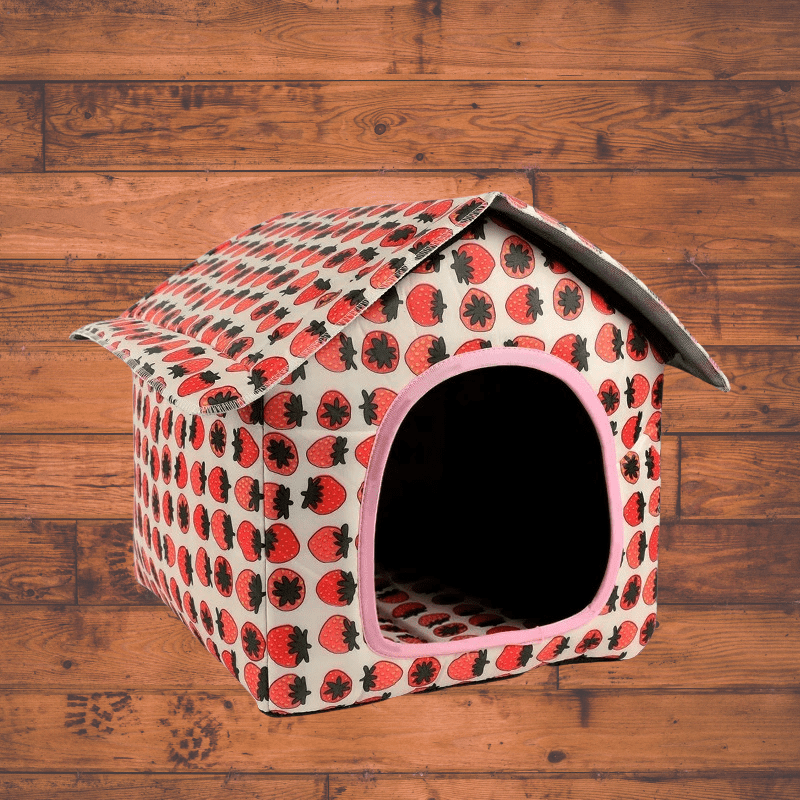 Maison Rouge Fraise pour Chien – Niche Intérieure Confortable, Lavable et Pliable - Museau dort