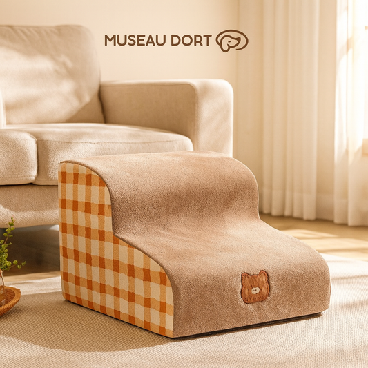 Marche pour chien placée devant un canapé dans un salon lumineux. Idéal pour petit chien. Disponible chez Museau Dort.