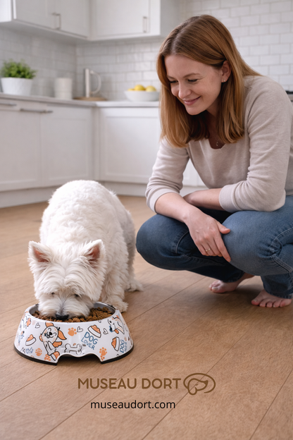 Marion observe son chien westie manger dans une gamelle pour chien en inox antidérapante, sur plancher de cuisine moderne, Museau Dort