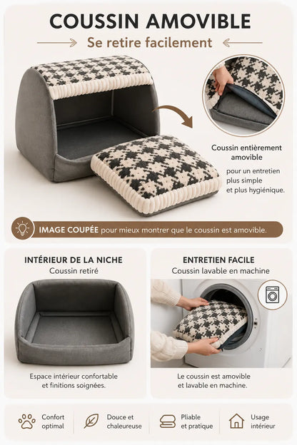 Niche pour chien d’intérieur avec coussin amovible, intérieur visible et entretien facile en machine